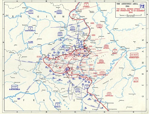 בלגייה, הארדנים. הקרב על הבליטה (Battle of the Bulge), דצמבר 1944. דיוויזיית שריון 3 בהגנה במרחב העיירה אוֹטוֹן (Hotton) באגף הצפוני של הבליטה 'History of the Military Art' by the United States Military Academy’s Department of History (נחלת הכלל)